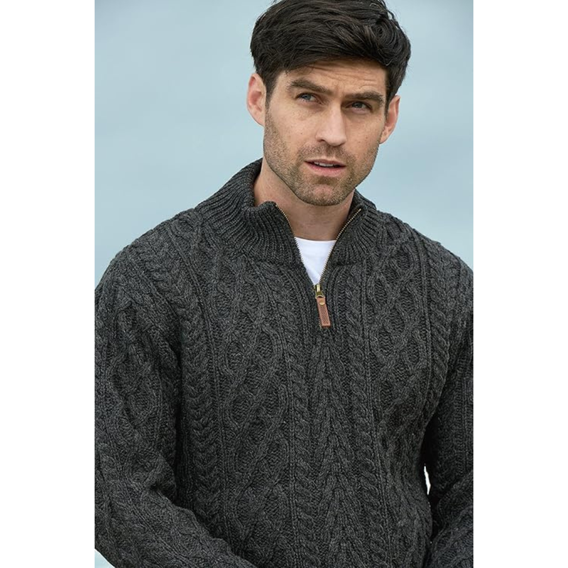 Mens Aran Super Soft Half Zip Sweater - Charcoal